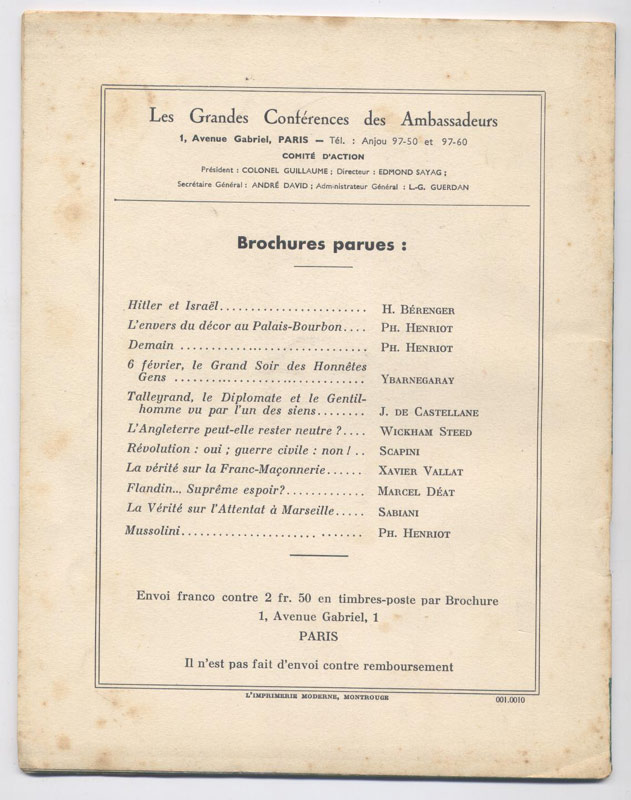 Philippe HENRIOT,  MUSSOLINI, Collection : Les Grandes Conférences des Ambassadeurs, Editions des Ambassadeurs 1934 - Edition Originale